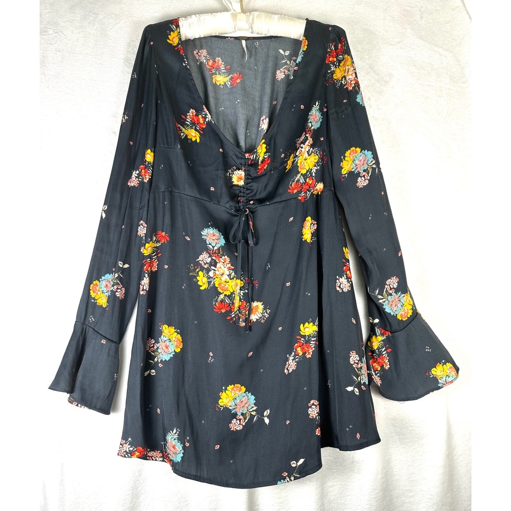 Free People Floral Mini Dress S Black Boho Romantic Whimsigoth Witchy Festival - Picture 2 of 11